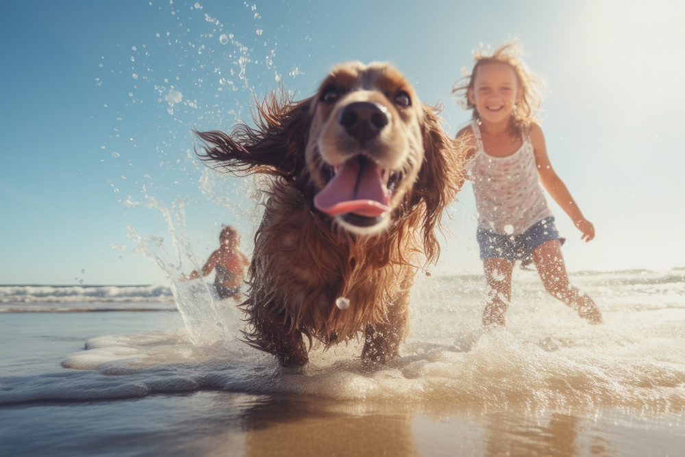 dog on beach with children